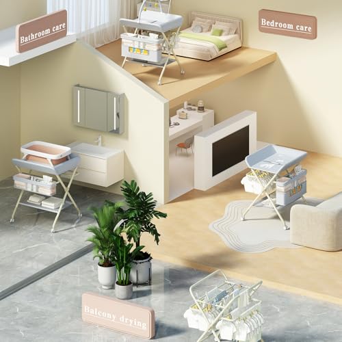Image of Changing Table, Portable Baby Changing Table with Wheels, Upgraded Foldable Diaper Changing Station with 5-Level Adjustable Height & Large Nursery Organizer Storage for Newborn Infant (Beige)