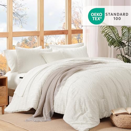 Image of Full Size Comforter Set- 7 Pieces Tufted Bed in a Bag Full Bedding Sets | All Season Shabby Chic Boho Bedding with Comforter, Sheets, Pillowcases & Shams, White