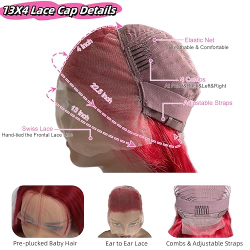 Image of 30 Inch Red Lace Front Wigs Human Hair 13x4 HD Transparent Red Colored Body Wave Human Hair Lace Front Wigs for Women 180 Density Pre Plcked Human Hair Lace Frontal Wig with Baby Hair