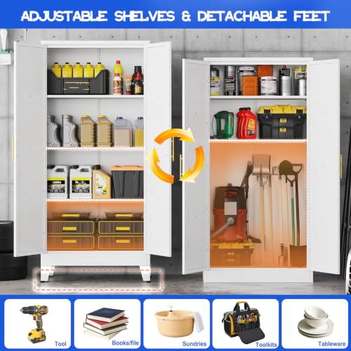 Image of GAIOUS 61 inch Tall Kitchen Pantry Cabinet,Metal Storage Cabinet White Cupboard | Steel Office Cabinet, Freestanding Bookcase with 2 Doors and 3 Adjustable Shelves, Bathroom Kitchen Bedroom Garage Cabinet