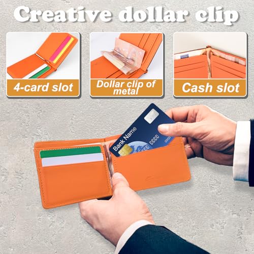 Money Clip Wallets for Men, Men’s Ultra-Thin Wallet Billfold Wallet for Men with Metal Clip and Card Slot (Orange)4