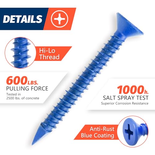 Sanjods 1/4" X 2-1/4" Concrete Screw Anchor, Blue Flat Head Screws For Anchoring To Masonry, Brick, Block thumb #2