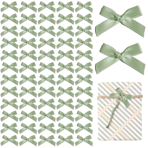 MEORLUSY 60PCS Mini Bows for Craft 1.5*2Small Satin Ribbon Bow Tiny Premade Bows for DIY Gift Wrapping Mini Sewing Bowknots Decoration for Tree Party Cake Baby Shower (Sage Green)