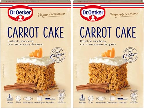 DR. OETKER Pastel de Zanahoria, Preparado para Tarta de Zanahoria con Crema de Queso - Estuche con Mezcla para Bizcocho 265g y Mezcla para Crema de Queso 50g y 1 Molde (Cantidad 8 Raciones)