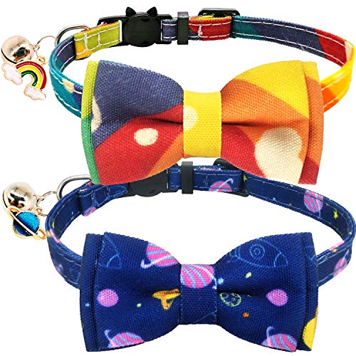 KUDES Cat Collar Breakaway with Cute Bow Tie and Bell Charms, 2 Pack/Set Adjustable Safety Buckle Printed Pet Collars for Kitty Puppies and Other Small Animals (Rainbow & Space)