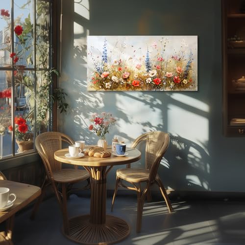 SERIMINO Spring Wildflower Wall Art, Nature Botanical Floral Large Artwork for Walls, Flower Market Canvas Art Prints, Modern Country Aesthetic Paintings Wall Decor Living Room Bedroom 24X48 Inch