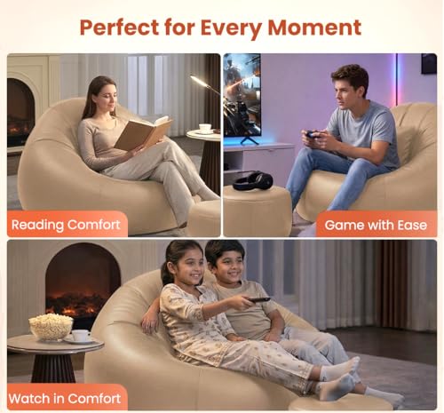 Image of Sattva Classic 4XL Bean Bag Chair with Beans Filled | Faux Leather Sofa Style Beanbags with Footstool & Cushion | Pre-Filled Bin Bags for Adults & Kids | Beam Bag Seating for Home & Office - Cream