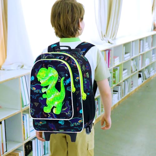 CCJPX 3PCS Dinosaur Rolling Backpack for Boys, 18" Kids Dinosaur Backpacks with Roller Wheels, Wheeled Bookbag with Lunch Box for Toddler Elementary School (Black)2