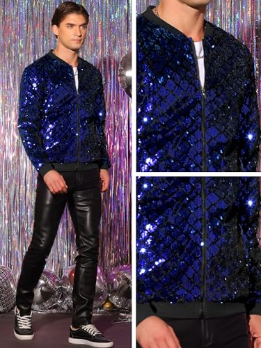 Image of Lars Amadeus Argyle Sequin Bomber Jacket for Men's Party Club Shiny Baseball Varsity Jacket