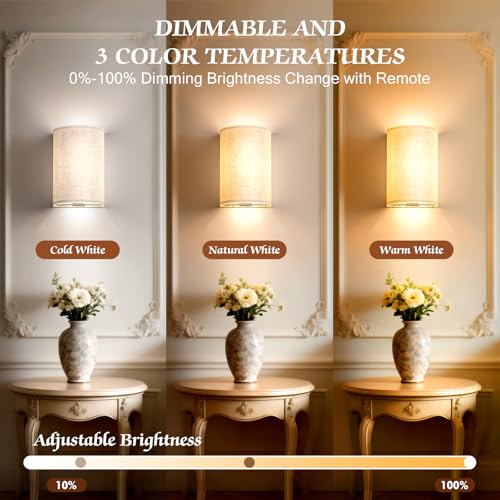 Image of OCATO Battery Operated Wall Sconce: Wireless Wall Sconces Set of Two Magnetic Lamp Rechargeable Lights Dimmable with 16 RGB Colors Fabric Linen Shade with Remote Walls Decor for Bedroom Living Room