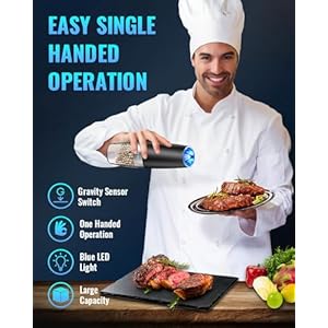 Sweet Alice Gravity Electric Pepper and Salt Grinder Set, Adjustable Coarseness, Battery Powered with LED Light, One Hand Automatic Operation, Stainless Steel Black, 2 Pack Sweet Alice Gravity Electric Pepper and Salt Grinder Set Adjustable Coarseness Battery Powered with LED Light One Hand Automatic Operation Stainless Steel Black 2 Pack