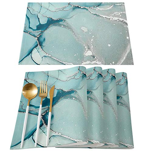 Marble Placemats Set Of 4 - Aqua Teal Table Place Mats, Holiday Heat Resistant Washable Table Mats For Kitchen Dining Table Home Decoration, 12''X18'' #TOP4