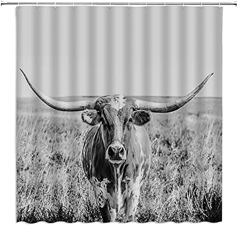 Longhorns Cow Shower Curtain Texas Steer Western Longhorn Farm Animal Cute Bull Grassland Rustic Farmhouse Country Gray Fabric Bathroom Decor Set with Hooks（70" WX70 H）