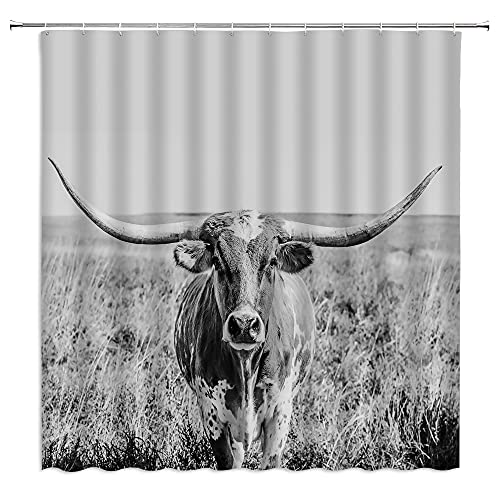 Longhorns Cow Shower Curtain Texas Steer Western Longhorn Farm Animal Cute Bull Grassland Rustic Farmhouse Country Gray Fabric Bathroom Decor Set With Hooks（70" Wx70 H） #TOP26