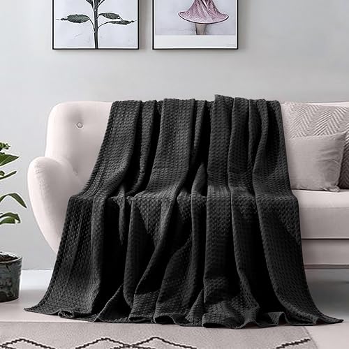 Image of Elegant Comfort Premium 100% Cotton Waffle Blanket - Lightweight Breathable Waffle Weave Bed Blanket - Soft and Warm All Season Blanket for Couch, Sofa and Bed, Queen Size 90x90 Inches, Black