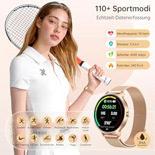 Smartwatch Damen Rund, 1.27" AMOLED Smart Watch mit Telefonfunktion, Fitnessuhr mit Pulsuhr SpO2 Schlafmonitor Schrittzähler, 120+ Sportmodi Sportuhr IP68 Wasserdicht, Uhren Damen für iOS Android Gold