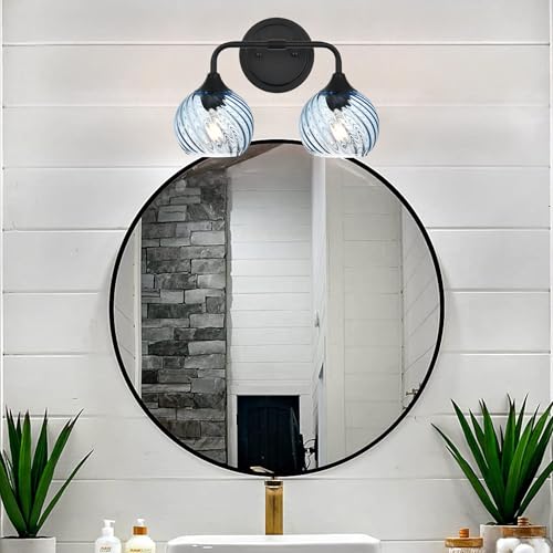 Image of MELUCEE 15 Inch 2 Light Bathroom Wall Lights with Blue Striped Swirl Glass Shade, Black Bathroom Lights Over Mirror Vanity Lighting Fixtures Wall Lamp for Bathroom, Living Room, Hallway