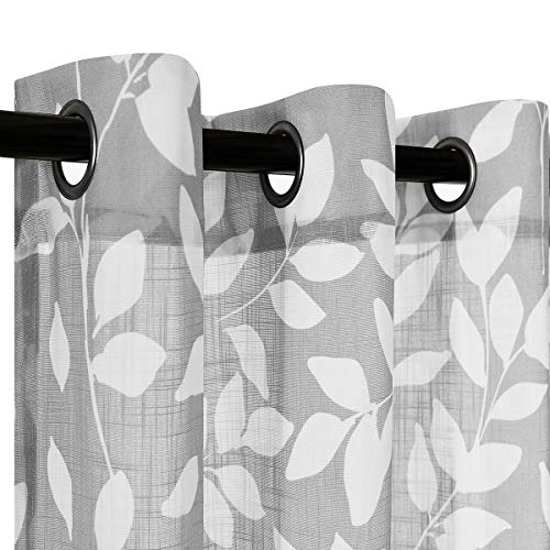 Image of Treatmentex Grey Semi-Sheer Curtains for Bedroom 95 inch Long White Leaf Print Curtains for Living Room Grommet Top Window Panels, 1 Pair