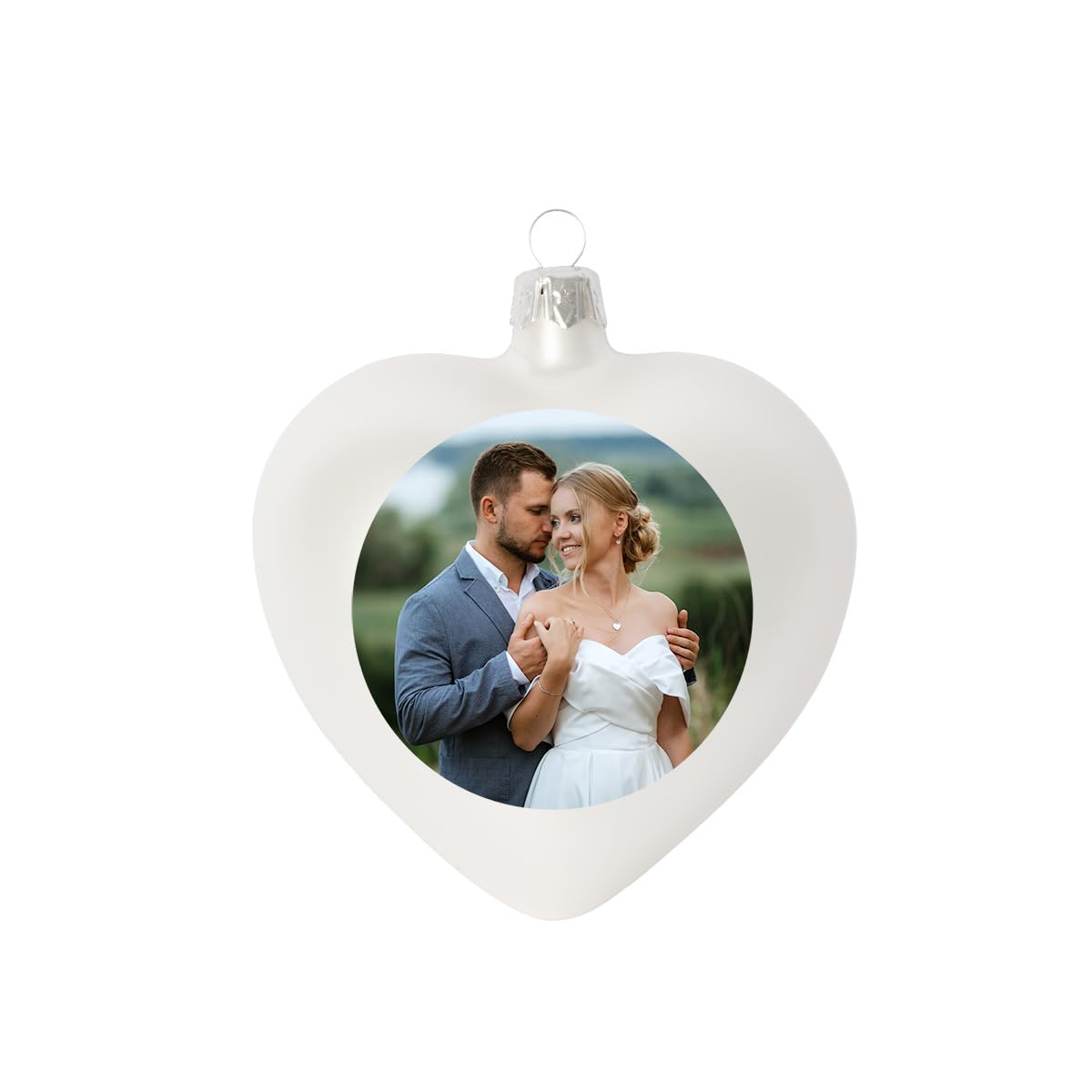 Weihnachtskugel in Herzform individuell mit ihrem Text oder Foto Bedruckt - Ø 9cm aus Glas - Christbaumkugel mit Digitaldruck (Seidenmatt) (Weiss, 12)