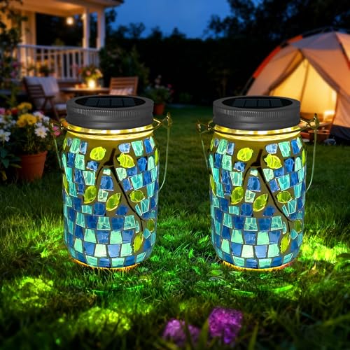 TOTHDATE Lot de 2 lampes solaires mosaïques pour l'extérieur, lampe suspendue en verre mosaïque On/Off, lanterne solaire, lampe de table IP65 étanche pour pelouse, chemin, cour, terrasse, sol, étang