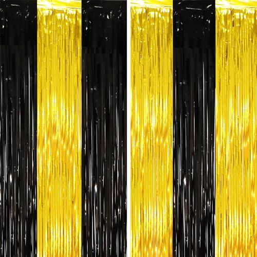 Image of Voircoloria 2 Pack Black and Gold Tinsel Foil Fringe Curtains, Black and Gold Party Decorations, Metallic Tinsel Party Streamers Backdrop for 2025 New Years Graduation Prom Party Decorations