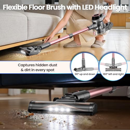 Image of Dzaki N1 Cordless Vacuum Cleaner, 400W 35KPa Cordless Vacuum Cleaner for Home, Cordless Stick Vacuum with LED Display, Anti-Tangle Self-Standing Rechargeable Stick Vacuum (Pink)