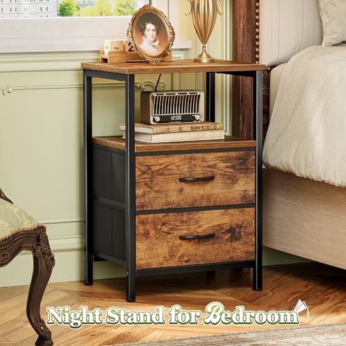 Huuger Night Stand Set 2, Nightstand with 2 Drawers, Bed Side Table with Open Shelf, Wooden Top, End Table, Fabric Drawer, for Bedroom, Rustic Brown - Image 4