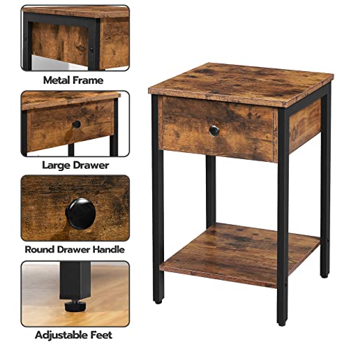 Hoobro Nightstands Set Of 2, 2-Tier End Table, Industrial Side Table With Drawer And Storage Shelf, Wood Accent Table With Metal Frame, Easy Assembly, Rustic Brown And Black Bf40Bzp201Us #TOP2