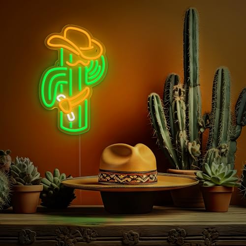 Image of VIKLIU Cactus Neon Sign Cowboy Hat Cactus Neon Signs Dimmable Led Neon Signs for Wall Decor,Bedroom,Game Room,Living Room,Man Cave Kids Room Home Bar Party Shop Gift, Green,Yellow,White