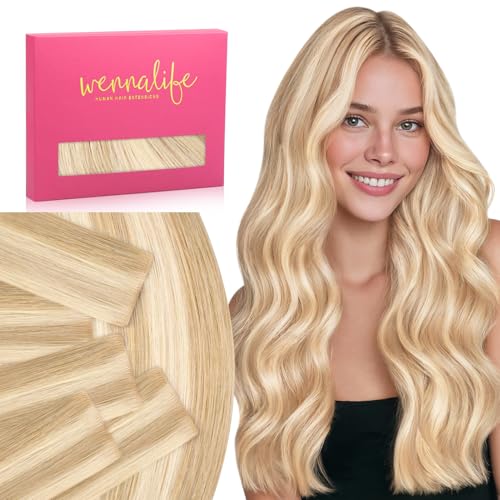 Image of WENNALIFE Invisi Edge Tape in Hair Extensions Human Hair | 20 Inch 30g 10pcs Dirty Blonde Highlighted Bleach Blonde Invisi Remy Hair tensions Seamless Injected Tape Ins Straight