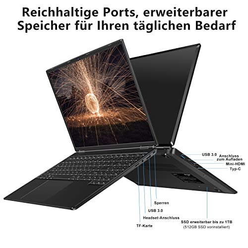AOCWEI Laptop 16 Zoll 12GB RAM 512GB ROM Erweiterungen 2,5" 1 TB SSD, Laptop Win 11 mit 4-Core CPU N5095 (bis zu 2,9 GHz), 1920 * 1200丨5G WiFi丨Bluetooth & Deutsche Tastatur Aufkleber-Schwarz – Bild 6