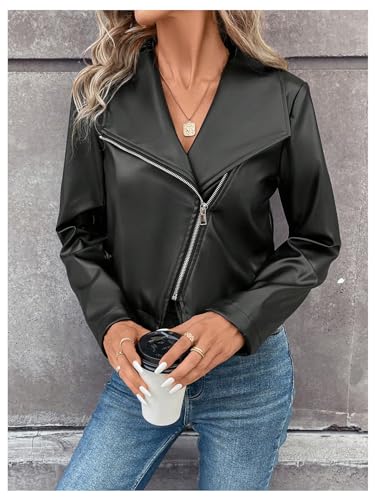 MakeMeChic Women's Faux Leather Jackets Zip Up Long Sleeve Open Front Short Moto Biker Cropped Coat4