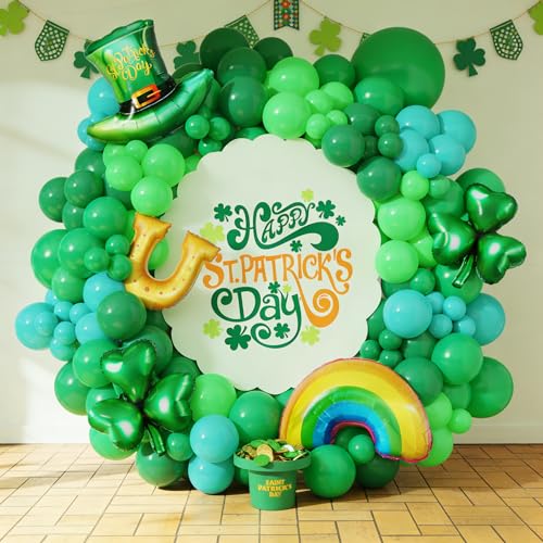 Image of 160Pcs St Patricks Day Green Balloons Arch Garland Kit with Lucky Shamrock Clover /Hat /Rainbow /Horseshoe Jumbo foil balloons for Saint Patrick's Day Irish Festival Party Decorations