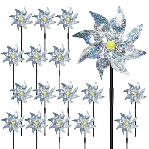18 Pack Reflective Pinwheels for Yard and Garden Scare Birds Away for Garden Decor Bird Scare Devices Deterrent to Scare Birds Keep Birds Away (Assembly Required)