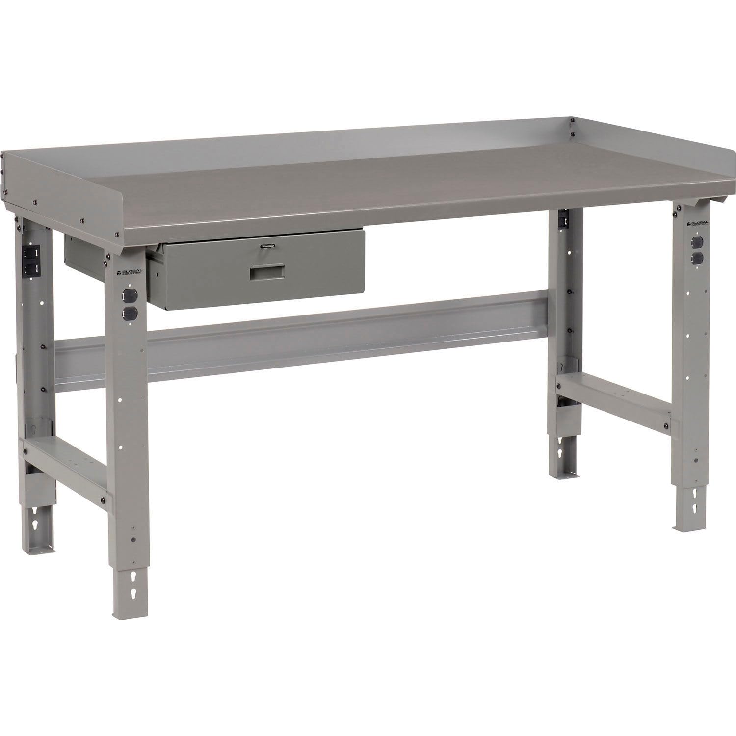 Global Industrial Adjustable Height Workbench with Back & End Stop, 48"W x 30"D, 1-1/2" Steel Square Edge Top & Drawer, 2000 Lbs. Capacity, Gray, Industrial Workbench