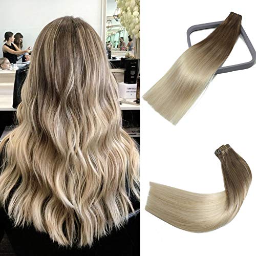 Ustunning 10A Grade Extensions Tape In Straight 18 Inch 20PCS Ash Ombre Platinum Blonde Human Hair Full Head Tape Hair Seamless Silky Straight Human Hair Extensions 50g20pcs (18In #8T60)