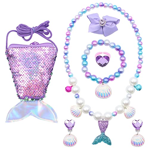 Scettar 7 Pcs Meerjungfrau Schmuckset für Mädchen mit Schmuckkästchen Klein, Meerjungfrauentasche, Halsketten, Ohrringe, Armbänder, Ringe - Geschenke ab 3 Jahren
