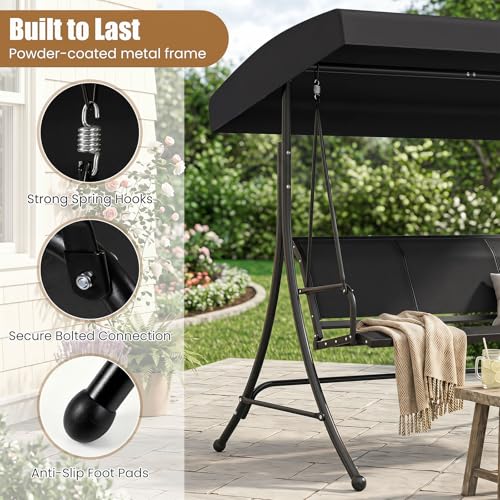 Image of Tangkula 3 Person Porch Swing, Patio Swing with Adjustable Canopy, Heavy-Duty Frame, Breathable Fabric, Outdoor Swing for Porch, Garden, Backyard, Poolside, 800 LBS Max Load