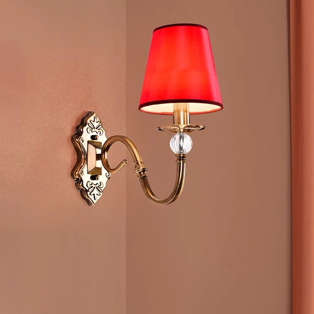 Aplique De Pared Creativo Moderno Con Pantalla De Tela Roja Y Decoración De Cristal De Globo, Accesorio De Iluminación De Pared Cableado Con Acabado En Oro Antiguo Apliques De Pared Deco De Ca