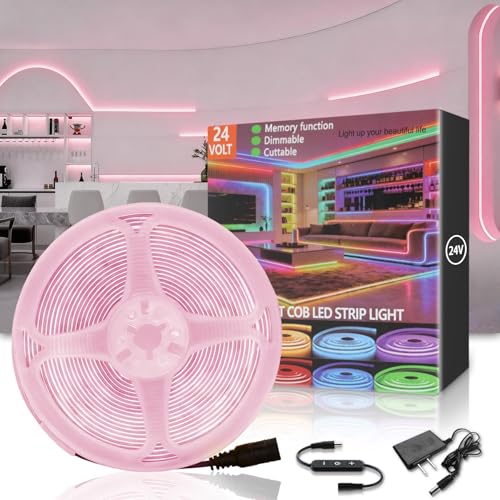 Aalnfe COB Pink 20Ft LED Strip Lights 24V Safe Voltage Dimmable EyeCaring Flexible Tape Lights for Princess Girls Bedroom Kids Room Nursery Under Cabinet Home Decor Easy Install High CRI95+