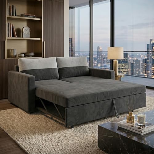 Image of SOCOZI Enrique 2 Seater Sofa Cum Bed | Soft Velvet Suede Fabric | Modern Convertible Design | Plush Comfort Seating for Living Room (Dark Gray)