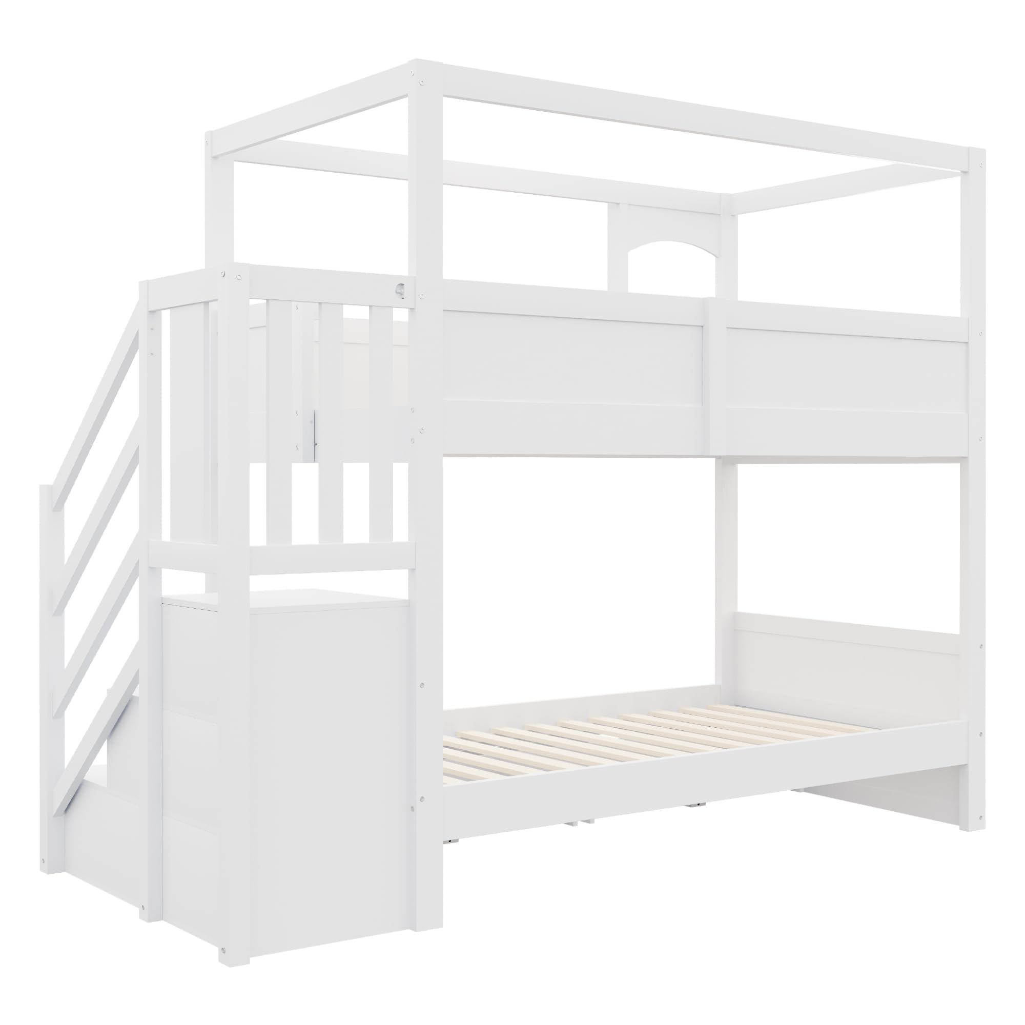Letto a castello per bambini, 90 x 200 cm, telaio in stile cotta, bianco | Con ripiani flessibili e una lavagna creativa, con scala e cassetti, letto matrimoniale per ragazzi e ragazze