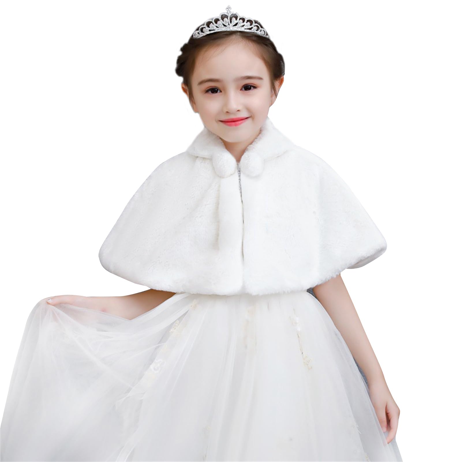 SK Studio Girls Princess Faux Fur Flower Bolero Shrug Party Wedding Dress Up White