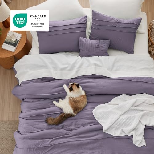 Image of Bedsure Queen Comforter Set - 4 Pieces Pinch Pleat Bed Set, Purple Boho Bedding for All Season, 1 Soft Comforter, 2 Pillowcases, 1 Decorative Pillow