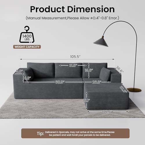 Image of 106 inch Cloud Sectional Boneless Couches for Living Room, Modular L Shaped Couch with Deep Seat Oversized Right Facing Chaise, Memory Foam Compressed Spineless 3 Seater Sofa for Apartment, Grey