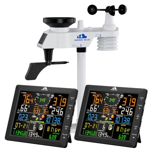 AIRAIN TECH Wireless Weather Station with Dual Displays, Outdoor Sensor, Atomic Clock, Rain Gauge, Wind Speed, Wind Direction, Indoor Temperature and Humidity, Barometric Pressure, etc. (No WiFi)