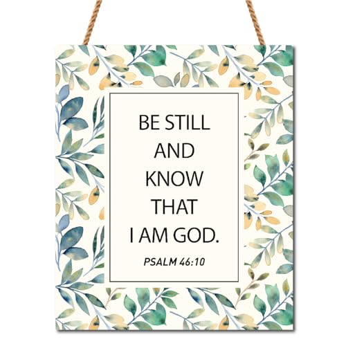 Be Still And Konw That I Am God Psalm 46:10 Wall Hanging Sign,Rustic Green Leaves Inspirational Bible Verse Hanging Printed Wooden Scripture Plaque For Christian Bedroom Home Office Wall Decor