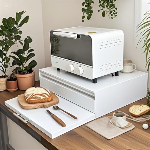 3-Tier Microwave Stand with Drawer, Microwave Rack with Pull-Out Extension Work Shelf, Carbon Steel Kitchen Counter Organizer for Coffee Maker & Small Appliances 18.5''L x 14.2''W x 5.5''H(White)