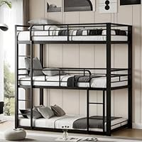 PVWIIK Heavy Duty Triple Bunk Bed for Kids,Twin Over Twin Over Twin Metal Bunkbeds with Ladder for Dorm,Bedroom,Guest Room,No Box Spring Needed, Easy Assembly,Black