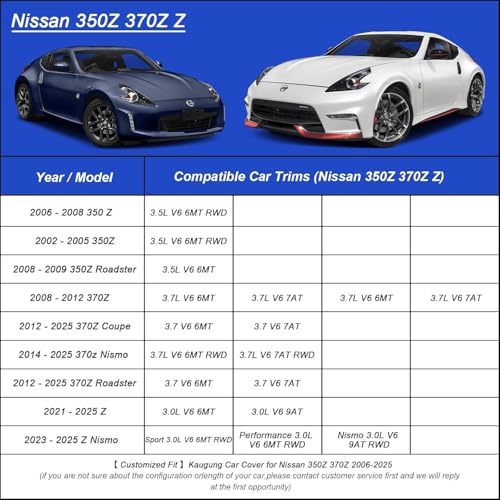 Image of Kaugung Car Cover Waterproof Custom Fit Nissan 350Z 370Z Z (2002-2025), Full Exterior Cover for Automobiles Lightweight Resistant Outdoor Sun UV Rain Dust Snow Wind Protection.